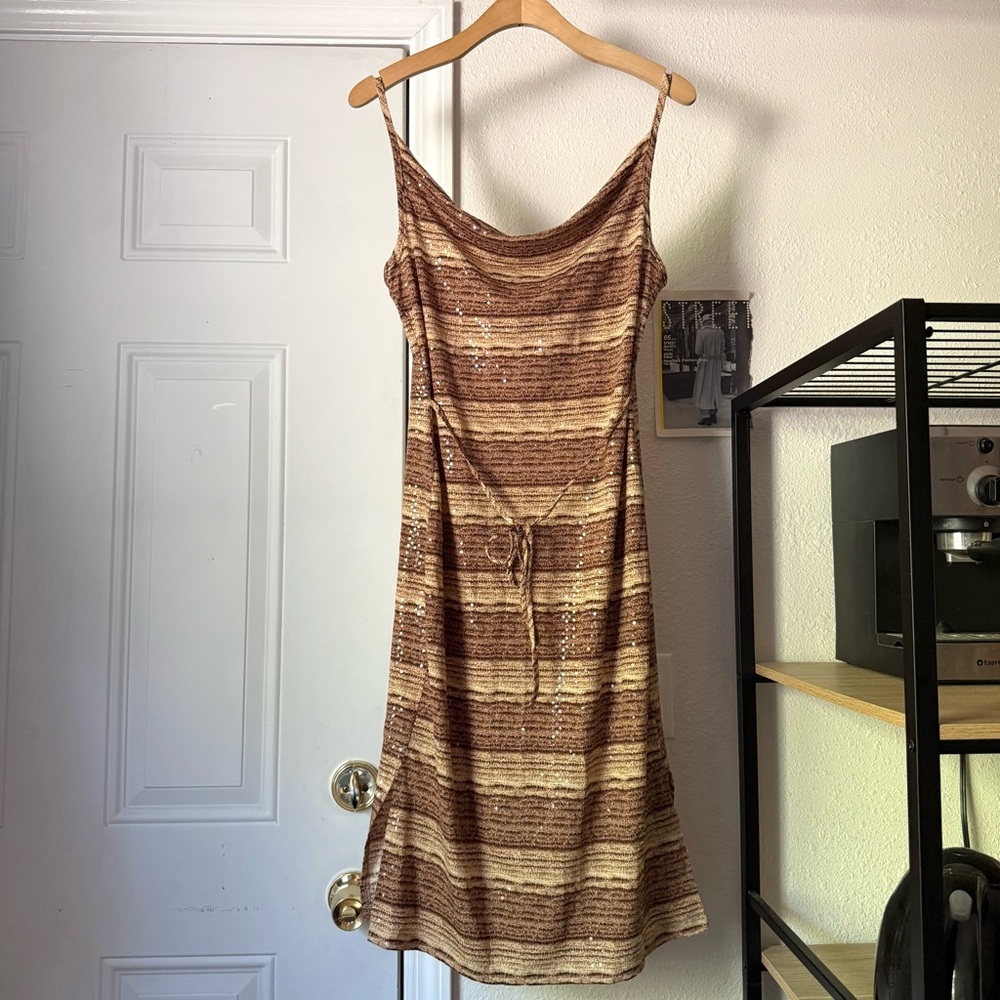 Cherov vintage 90’s y2k‎ brown tan cream sequin draped belted slip midi dress